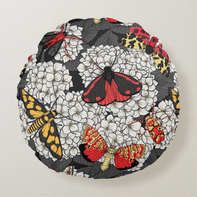 Moths on white hydrangea round cushion (Front)