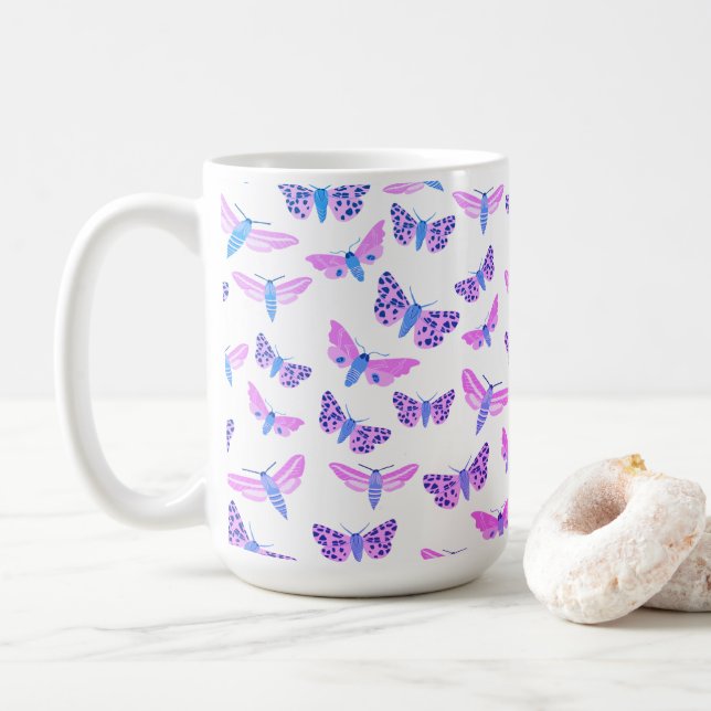 Moths Pattern Pink Blue Purple Coffee Mug (With Donut)