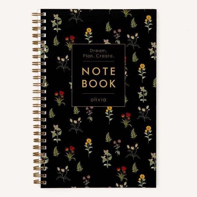 Motivation Elegant Floral Black Gold Notebook (Front)