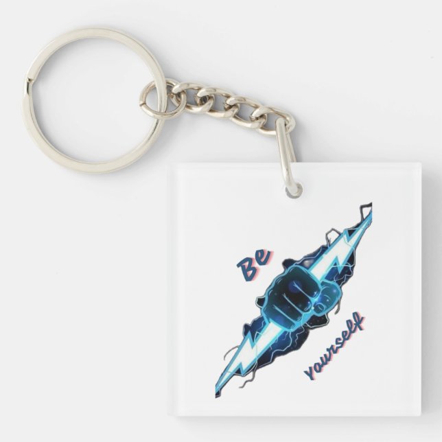 Motivational "Be Yourself" Blue Lightning Bolt Fis Key Ring (Front)