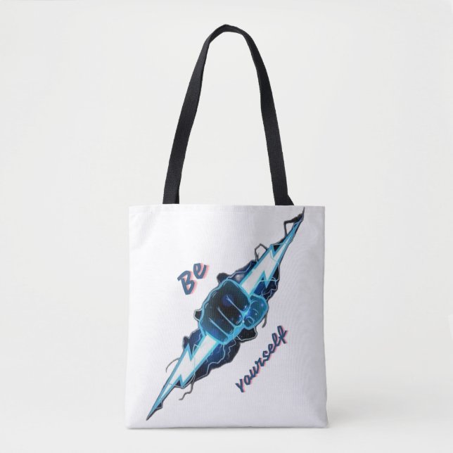 Motivational "Be Yourself" Blue Lightning Bolt Fis Tote Bag (Front)