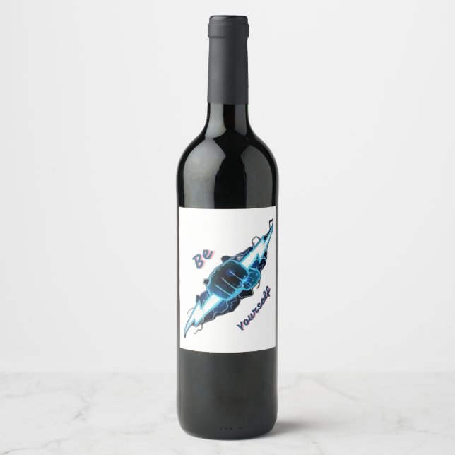 Motivational "Be Yourself" Blue Lightning Bolt Fis Wine Label (Front)