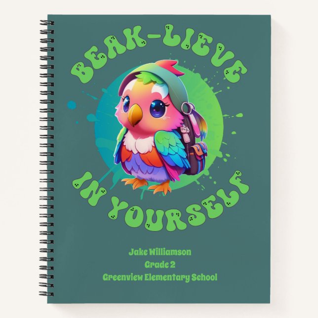 Motivational Chibi Kawaii Parrot Name School Year  Notebook (Front)
