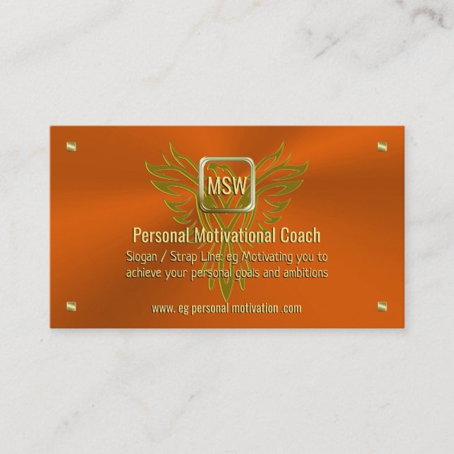 Motivational Coach, Golden Square, Orange, Phoenix Business Card (Front)