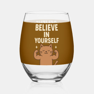 Motivational Flexing Cat - “Believe in Yourself” Stemless Wine Glass