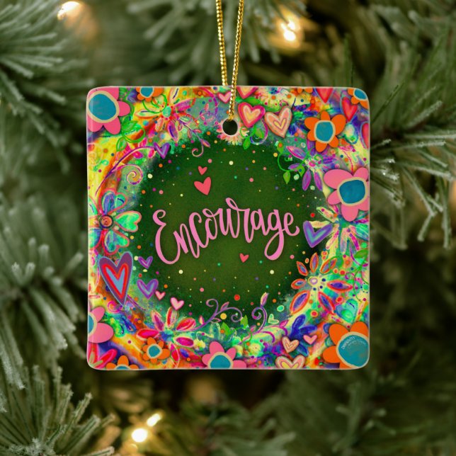 Motivational Floral Colourful Pretty Encourage   Ceramic Ornament (Tree)