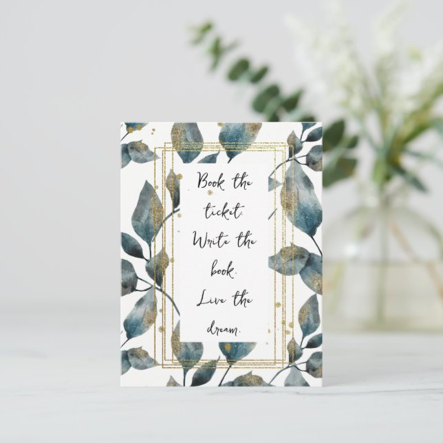 Motivational Quote Gold Frame and Leaves  Postcard (Standing Front)