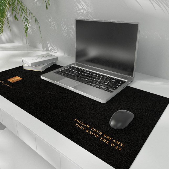 Motivational quote name personalised black leather desk mat (The desk mat design is PRINTED, NOT REAL LEATHER OR METALLIC FOIL)