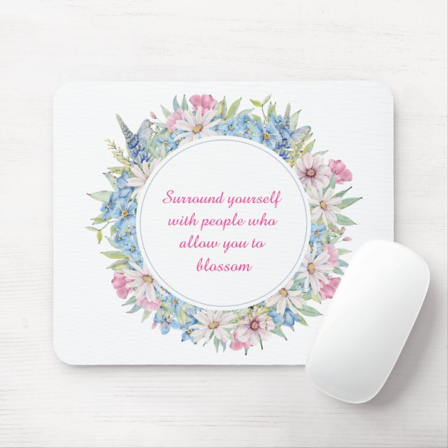 Motivational Quote Pink White Blue Floral Wreath Mouse Pad (With Mouse)