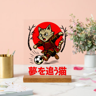 Motivational Samurai Cat Soccer Wall Art for Kids  Acrylic Sign