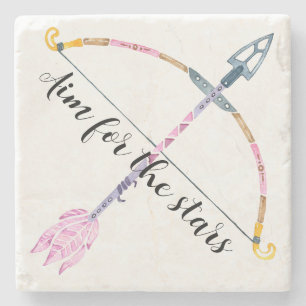 Motivational Watercolor Bow Arrow Boho Feather Stone Coaster