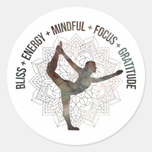 Motivational words for gratitude yoga pose brown classic round sticker
