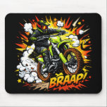 Motocross Comic Burst Dirt Bike Rider  Mouse Pad<br><div class="desc">A bold comic-inspired motocross design featuring a high-energy dirt bike rider launching forward in an explosive action scene. Surrounded by dynamic starbursts, smoke clouds, and stylized motion effects, the rider powers through the frame with vibrant colors and strong graphic lines that make the artwork pop. The design blends motocross adrenaline...</div>