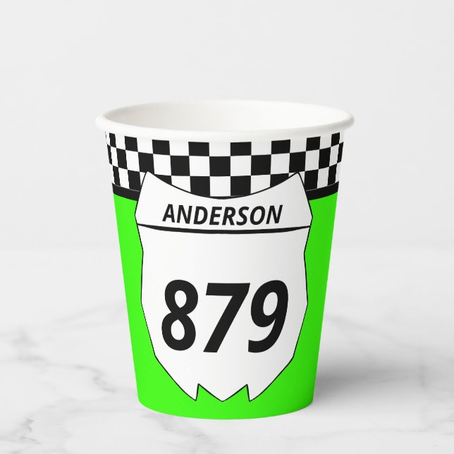 Motocross Custom Dirt Bike Number Plate on Green Paper Cups (Front)