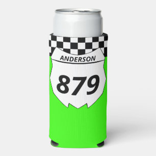 Motocross Custom Dirt Bike Number Plate on Green Seltzer Can Cooler