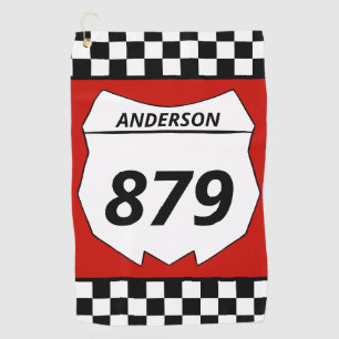 Motocross Custom Dirt Bike Number Plate on Red Golf Towel