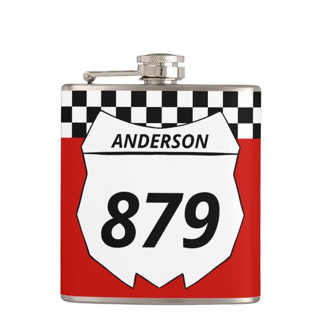 Motocross Custom Dirt Bike Number Plate on Red Hip Flask (Front)