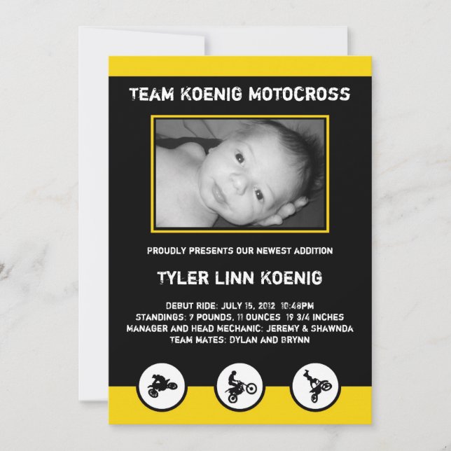 Motocross Dirt Bike Birth Announcement Yellow (Front)