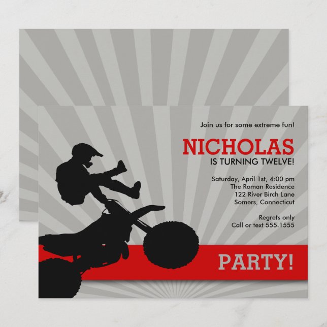 Motocross Dirtbike Invitation, Red and Black Invitation (Front/Back)