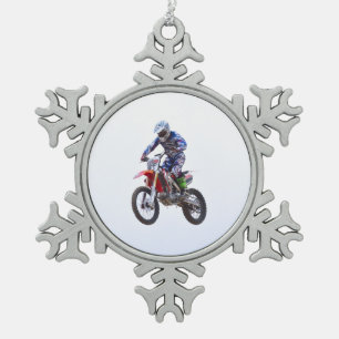 Motocross Jump Snowflake Pewter Christmas Ornament