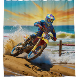 Motocross Racer at Beach Race Shower Curtain