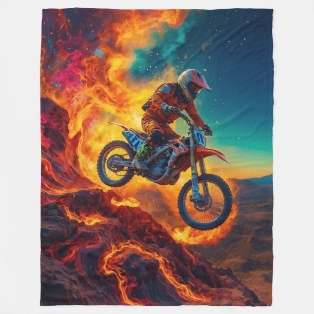 Motocross Rider Escaping Fire Fleece Blanket (Front)