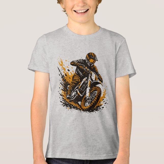 Motocross Rider Power Sliding Through Mud Tri-Blend Shirt (Front)