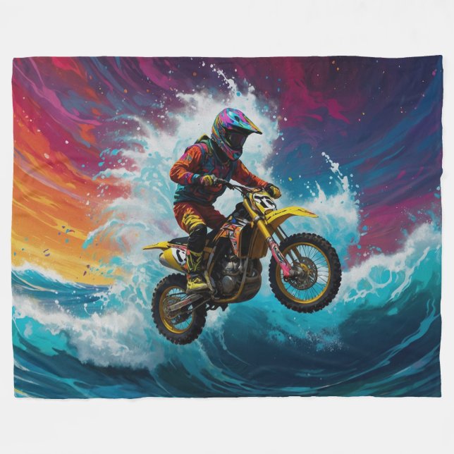Motocross Rider Racing the Waves Fleece Blanket (Front (Horizontal))