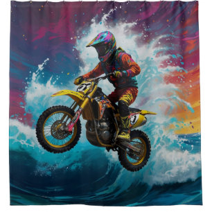 Motocross Rider Racing the Waves Shower Curtain