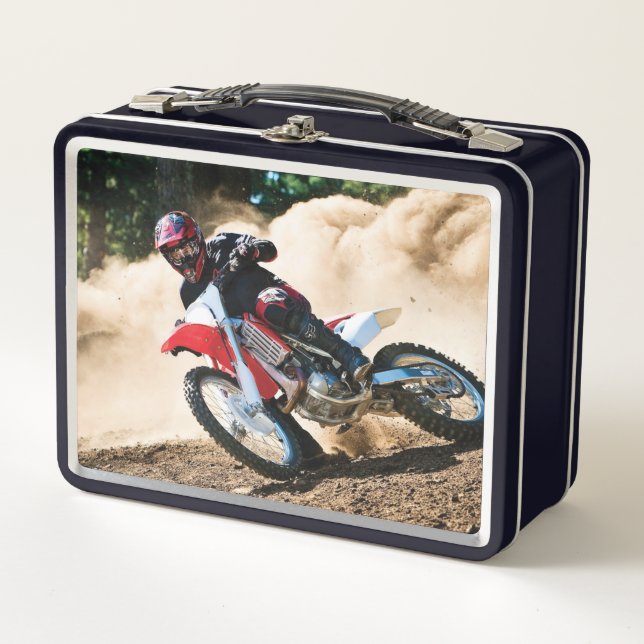 Motocross rider throw pillow metal lunch box (Front)