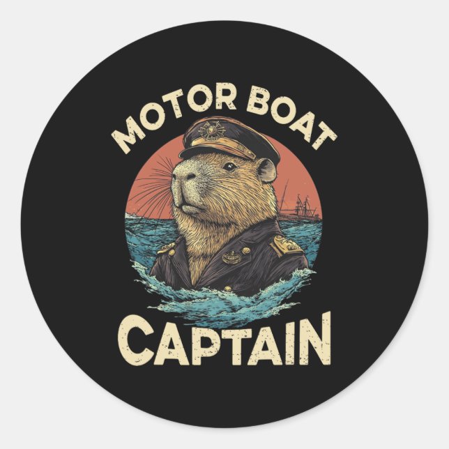 Motor Boat Captain Funny Capybara Mariner  Classic Round Sticker (Front)