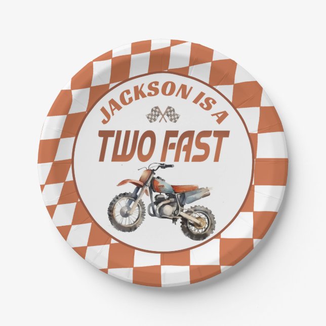Motor Dirt Bike Two Fast 2nd Birthday Party Paper Plate (Front)