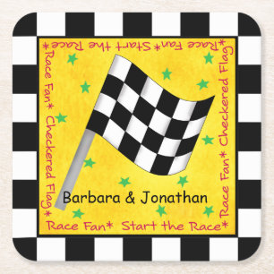 Motor Race Fan Chequered Flag Name Personalised Square Paper Coaster