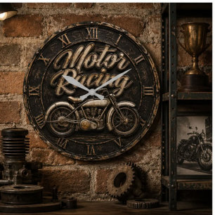 Motor Racing Vintage Motorcycle Garage Decor Retro Large Clock