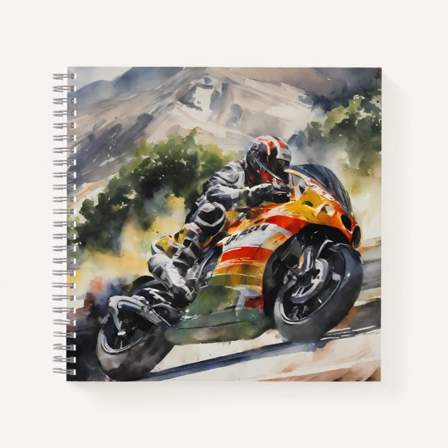 Motorbike cornering up a mountainside notebook (Front)