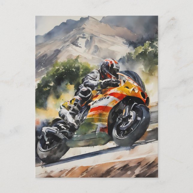 Motorbike cornering up a mountainside postcard (Front)