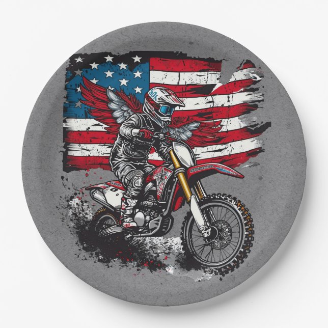 Motorbike United States Flag 00th Birthday Party Paper Plate (Front)