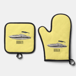 Motorboat cartoon illustration oven mitt & pot holder set