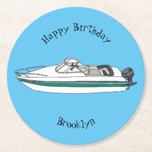 Motorboat cartoon illustration round paper coaster