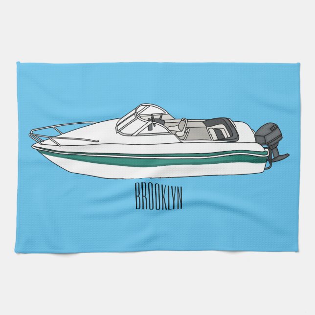 Motorboat cartoon illustration  tea towel (Horizontal)