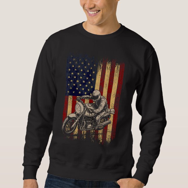 Motorcycle American Flag Distressed Vintage Biker  Sweatshirt (Front)