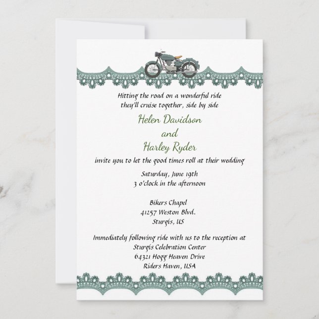 Motorcycle and Lace Elegant Wedding Invitation (Front)