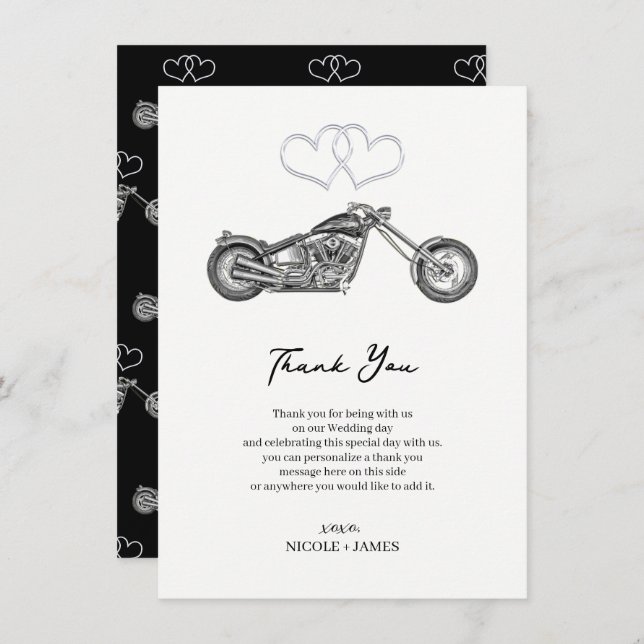 Motorcycle Black & Silver Hearts Biker Thank You Invitation (Front/Back)