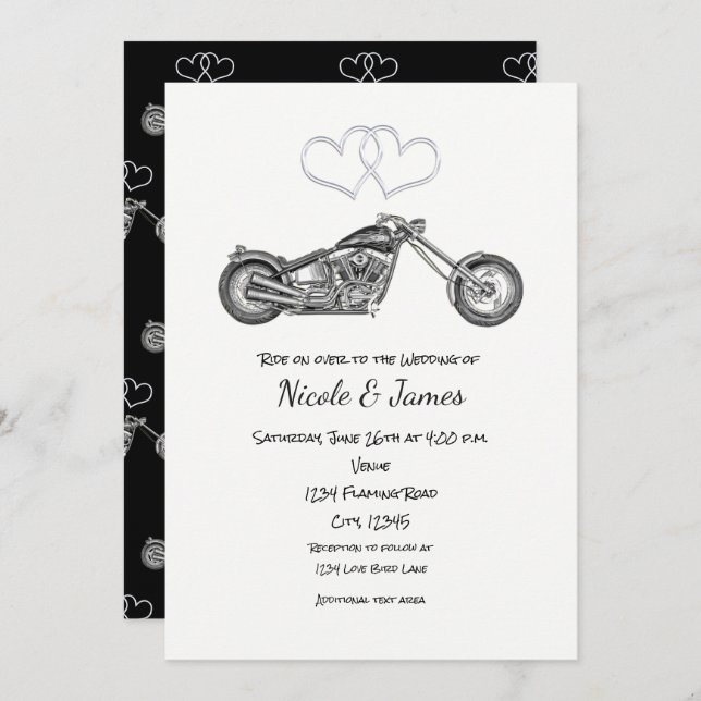 Motorcycle Black & Silver Hearts Biker Wedding Invitation (Front/Back)