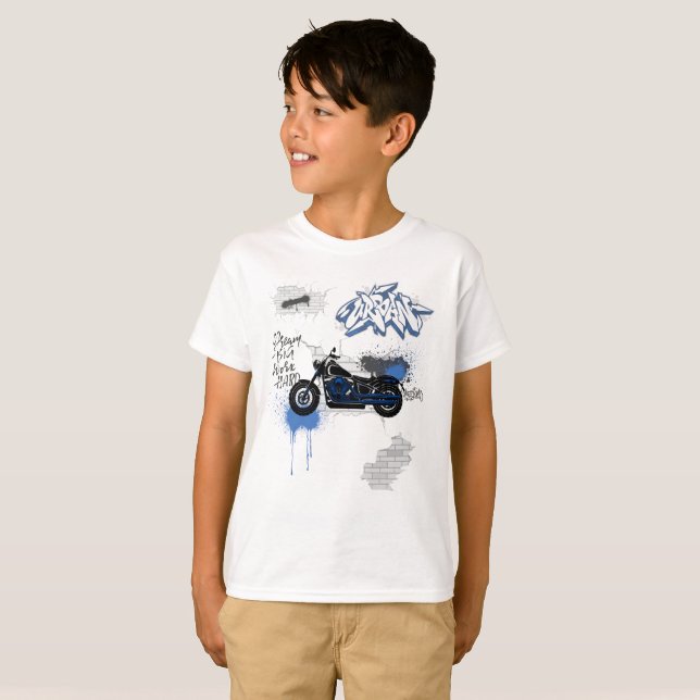 Motorcycle blue and grey graffiti boys T-Shirt  (Front Full)