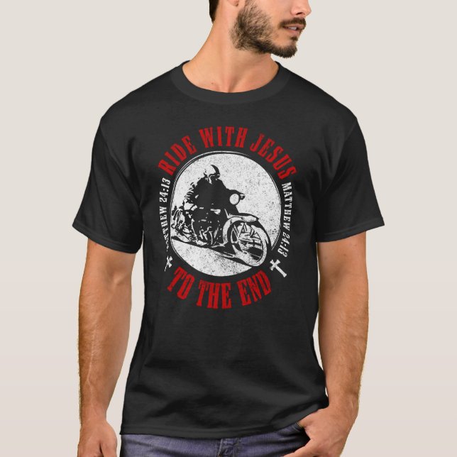 Motorcycle Christian Faith Follow Jesus Biker T-Shirt (Front)