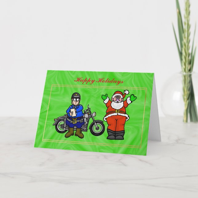 Motorcycle Cop and Santa Christmas Card (Front)