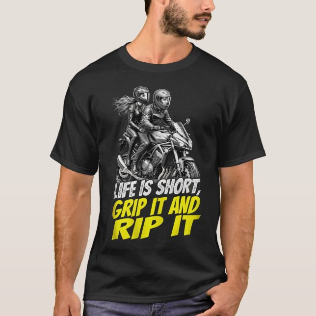 Motorcycle Couple Grip It And Rip It Biker T-Shirt (Front)
