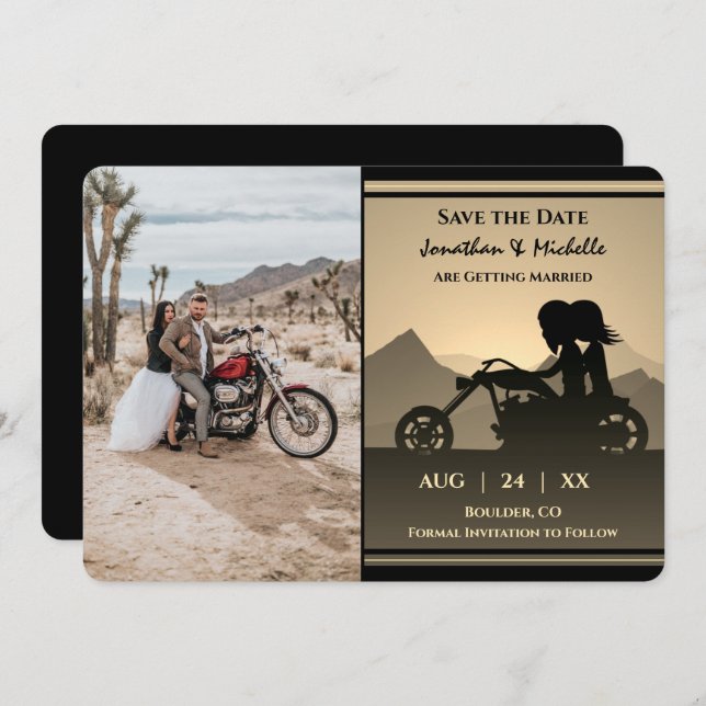 Motorcycle Couple Mountain Photo Wedding Save The Date (Front/Back)