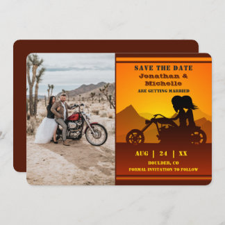 Motorcycle Couple Mountain Sunset Photo Wedding Save The Date
